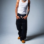 EMBLEM LOGO WASHED DOUBLE KNEE BAGGY DENIM