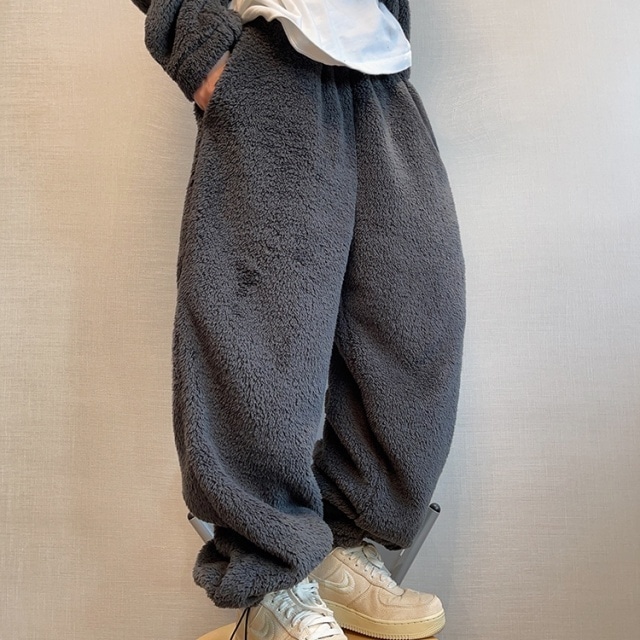 【予約販売】パンツ ボア 防寒 無地 ダークグレー 暖かい もこもこ ゆったり ボトムス メンズ カジュアル パンツ ダンス ストリート ルーズ こなれ感 お洒落  韓国 トレンド M/L/XL/2XL