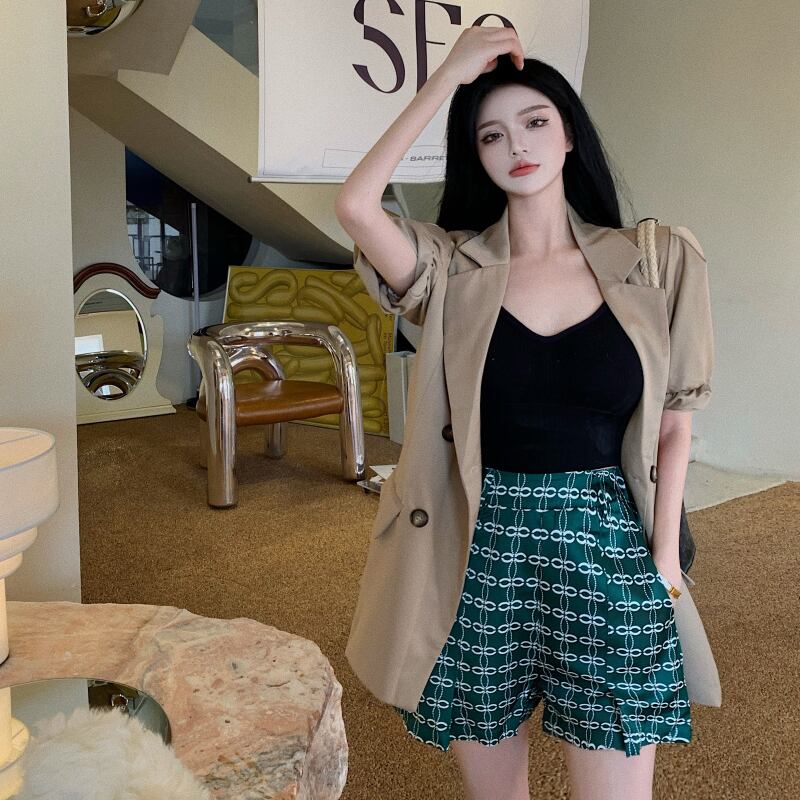 サマースタイル薄手ジャケット ハイウェストウェストワイドレッグショーツ ストリート 夏物 ブルマー ワイドパンツ ドラファッションホール82212974586