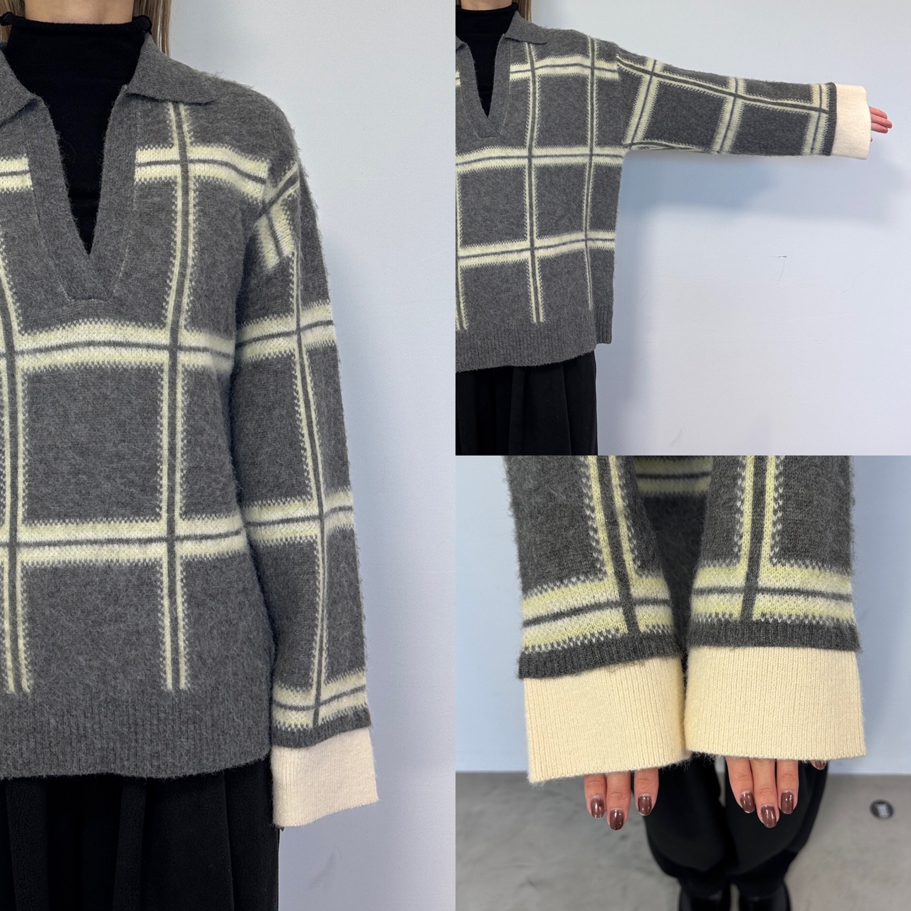 チェック柄スキッパーモヘアタッチknit/グレー