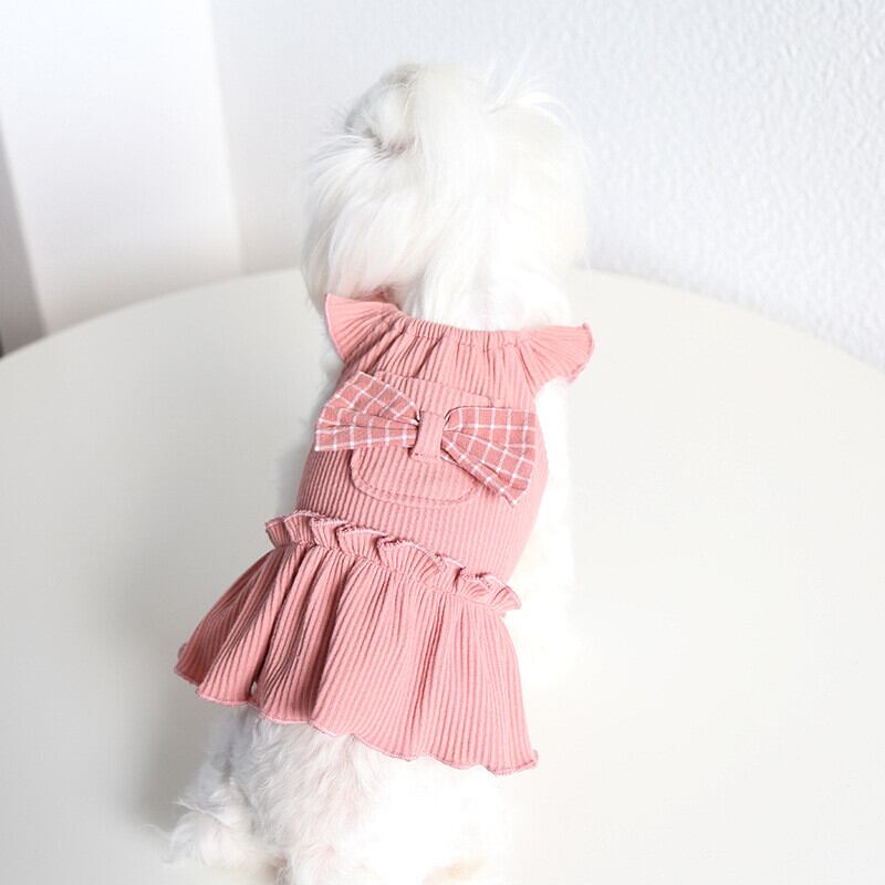 すぐにお届け!】リブワンピース バックリボン フリル 犬服 すぐにお届け!】リブワンピース バックリボン フリル 犬服