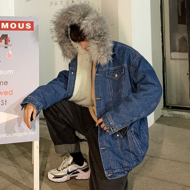 【予約販売】デニムジャケット ジージャン ショート丈 メンズ ボア フード付き ファー トレンド ブルー オーバーサイズ 防寒 お洒落 秋冬 暖かい 大きいサイズ M/L/XL/2XL