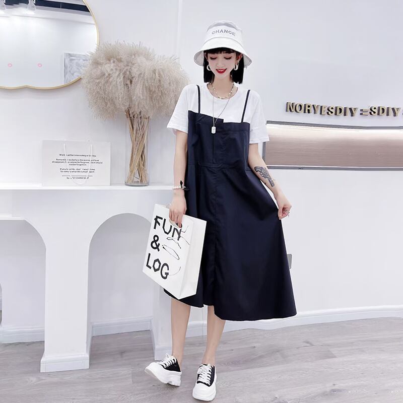 カラーラウンドネックウェストベルト 薄手Aラインドレス サマー 大きめサイズ 夏物 ハーネス Oネック ステッチ ミックスインファッション64003554182