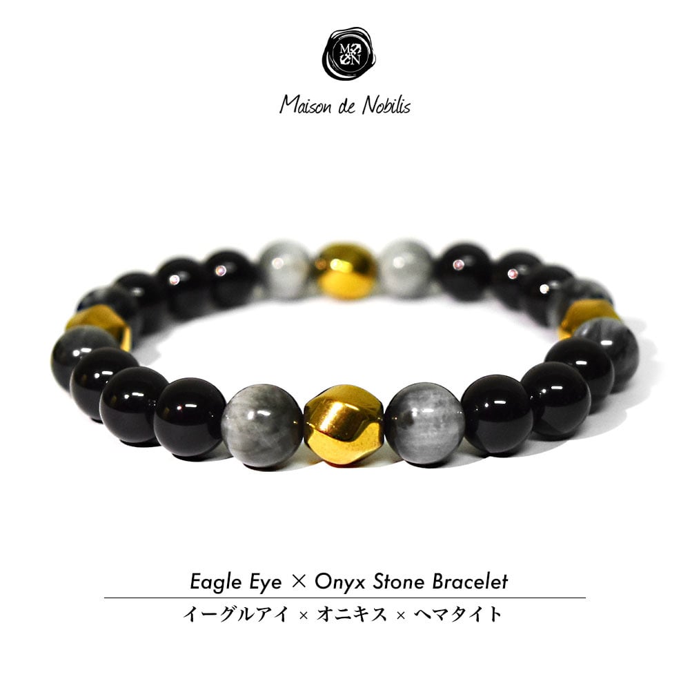 【高品質天然石】Eagle Eye×Onyx×Gold Hematite Stone Bracelet【品番 26S2009】