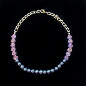 Purple flower glass & black cotton pearl necklace