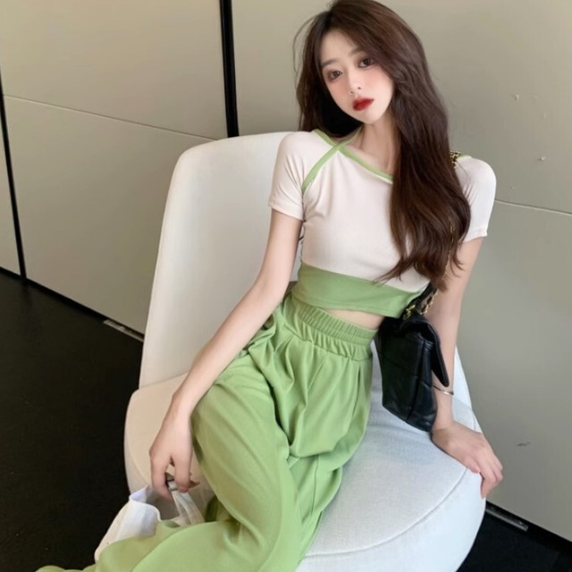 セットアップ レディース Tシャツ シャツ プルオーバー クロップド クロップド丈 ズボン パンツ ワイドパンツ 半袖 ラウンドネック ハイウエスト 伸縮性 上下セット 2点セット お得 ツーピース かわいい 大人可愛い きれいめ シンプル カジュアル 大人 上品 おしゃれ お洒落 かっこいい レトロ 大人女子 こなれ感 ラフ ルーズ 個性的 クール キュート 無地 夏 10代 20代 デート お出かけ 女子会 休日 アウトドア 海 リゾート 旅行 普段使い 韓国 韓国系 オルチャン S M L グリーン