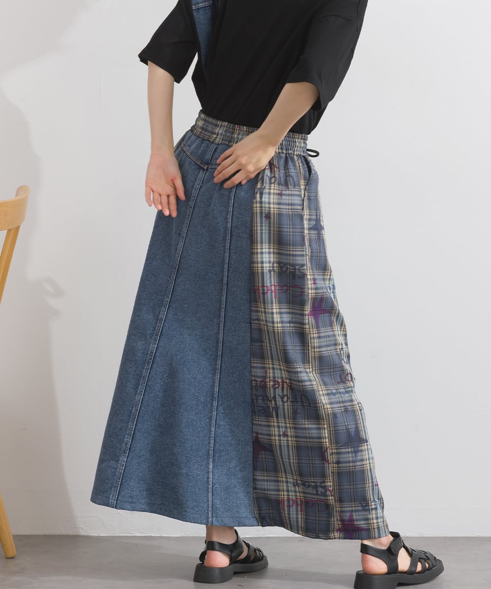 D54044 【体型カバーデニムシリーズ】 デニム×チェック切替スカート