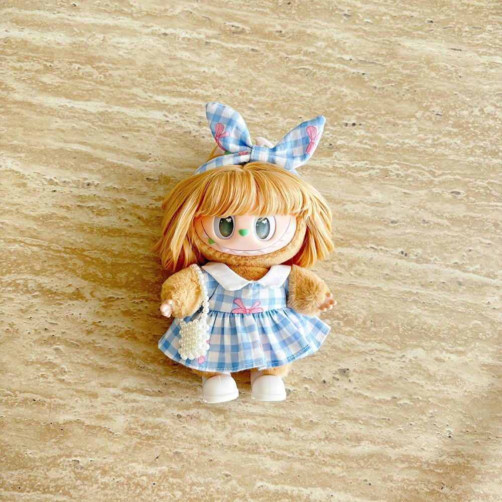 Labubu 1-3代対応 夏 チェックワンピース+ヘアアクセサリー+靴+バッグ