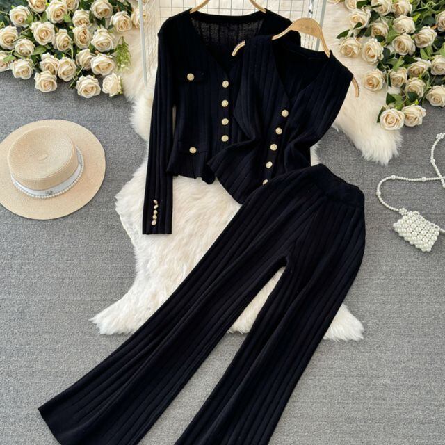 【予約販売】セットアップ 3点セット レディース カーディガン ベスト パンツ スリーピース ワイドパンツ ニット ブラック ベージュ ホワイト おしゃれ 大人っぽい 高級感 高見え きれいめ 春 秋 韓国