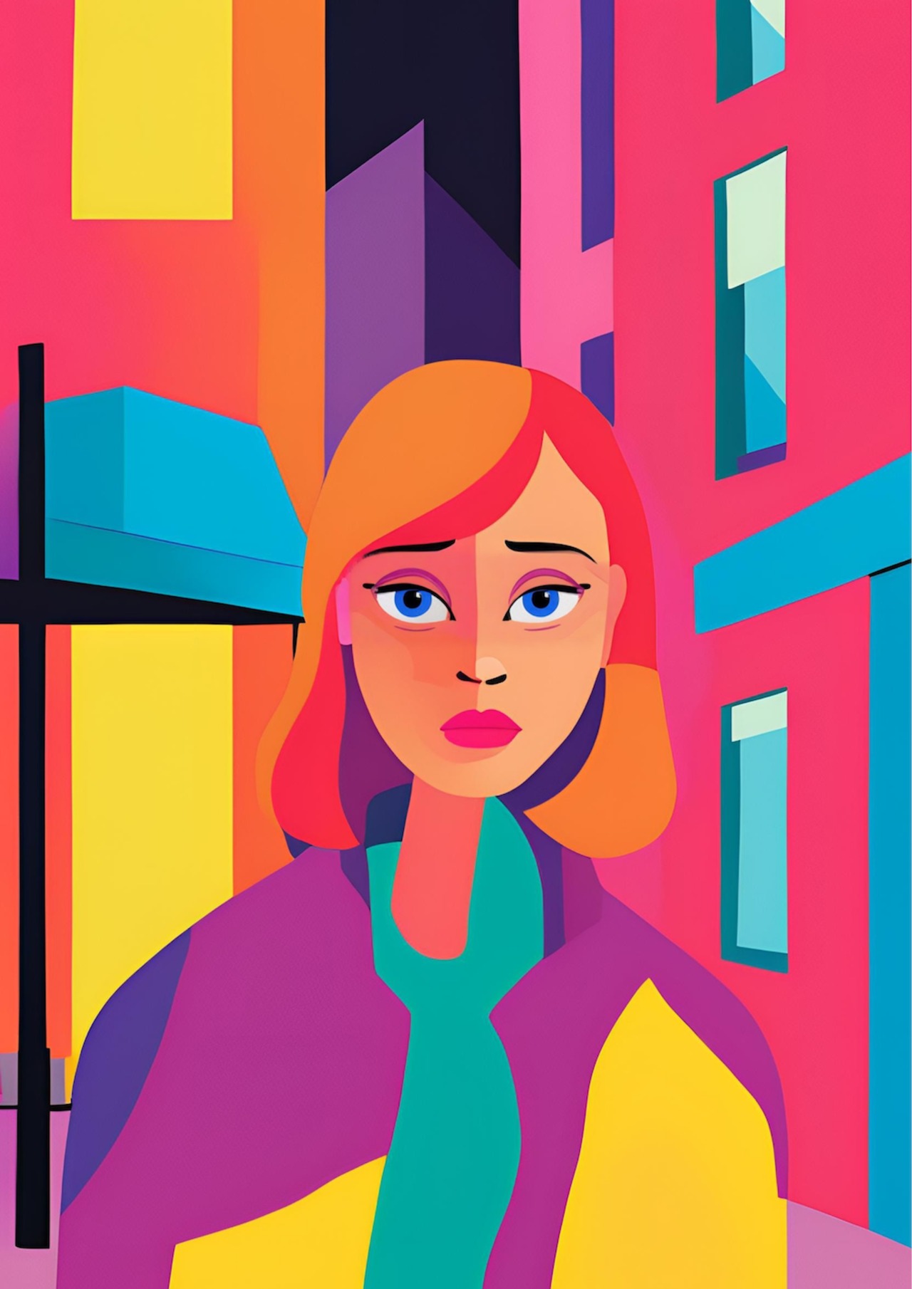 City Melancholy｜都会に生きる女性を描いたポップアートポスター｜感情と色彩が響くモダンインテリアに最適A2ポスター
