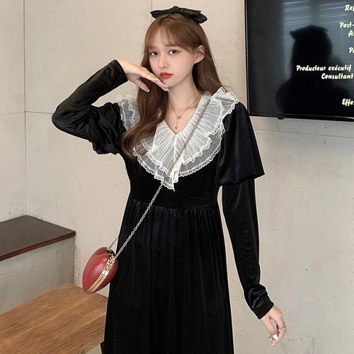 ✞ スタンダードゴールドベルベットブラックレースVネックスリムフィット ロング レトロ スウィート ステッチ ✞ゴスロリ SM ミリ 甘ロリ クラロリ 和ロリ エレガント 黒ロリ 姫ロリ 華ロリ BB-BB73624434277