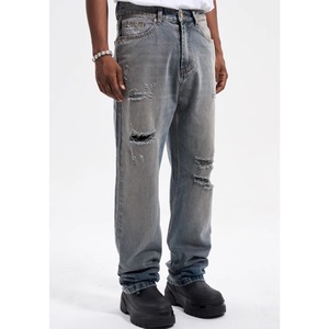 【DRIP3428】D/B Frayed Hole Washed Damaged Loose Denim