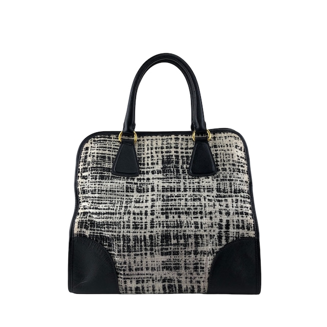 PRADA プラダ ハンドバッグ ホワイト ブラック トライアングルロゴ ファブリック ツイード vintage ヴィンテージ オールド xpzwfz