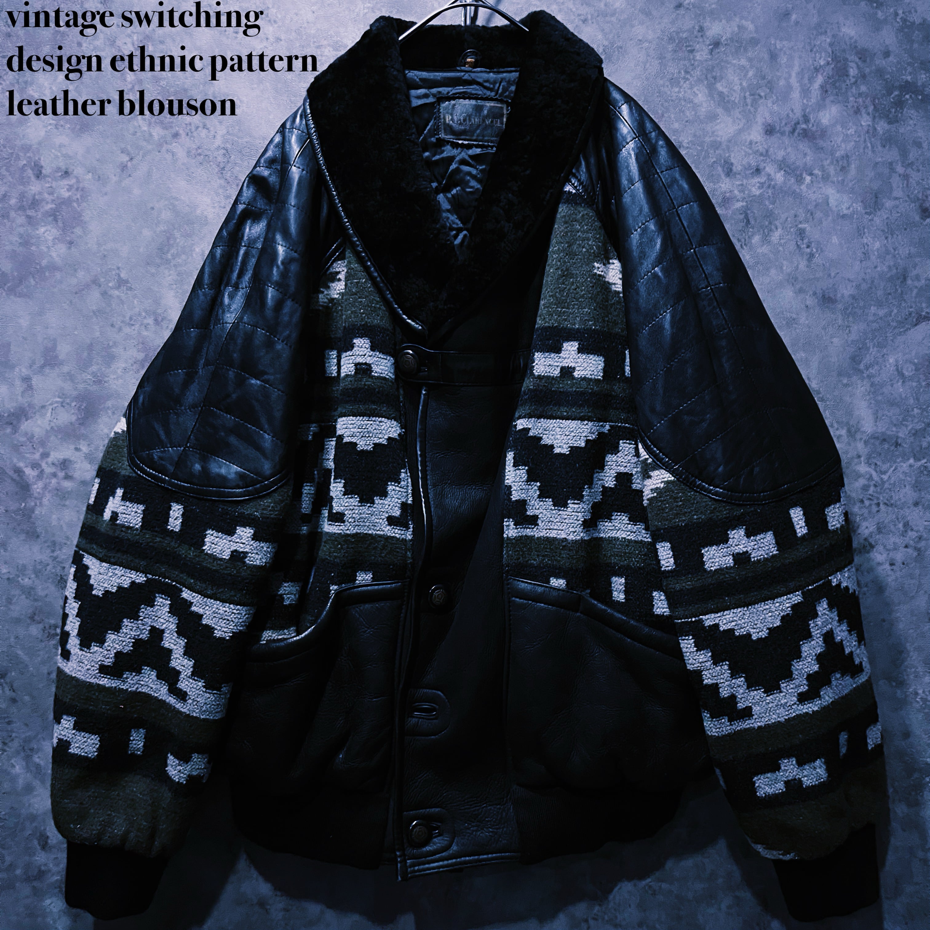 【doppio】vintage switching design ethnic pattern leather blouson