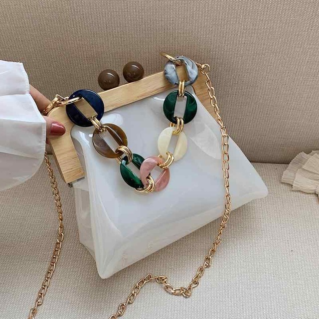 ショルダーバッグ がま口 可愛い ゼリーバック 木製 カラフル ビニール 小さい ミニバッグ キスロック 韓国系 パーティー チェーン 斜め掛け バック PVC 透明 クリアバッグ 釜口 お財布風 レトロ 個性的 青 ブルー 黄色 イエロー ピンク