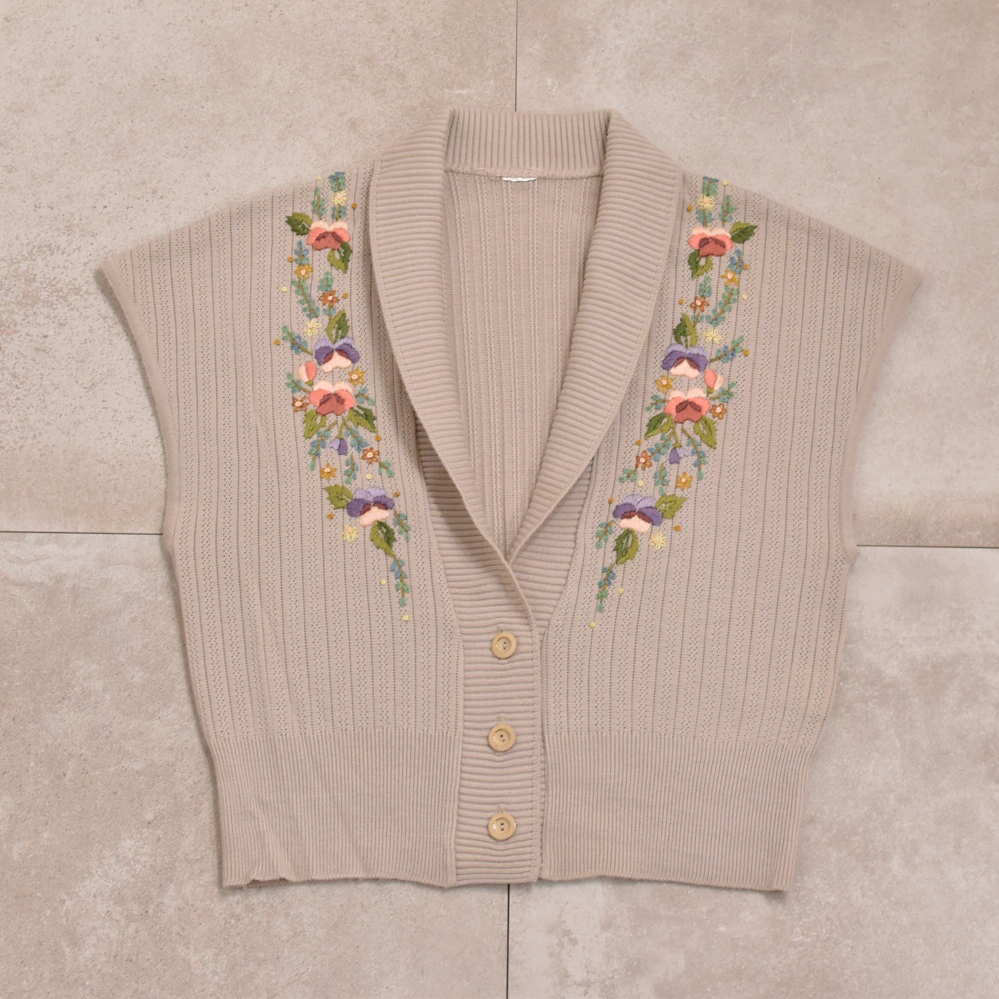 80～90s Flower embroidery rib knit sleeveless cardigan Jp vtg