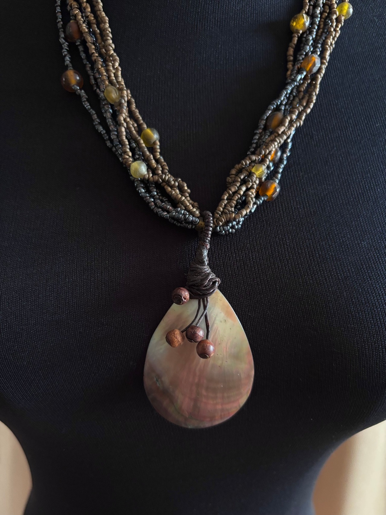 multi strand beaded shell pendant necklace-5145-8