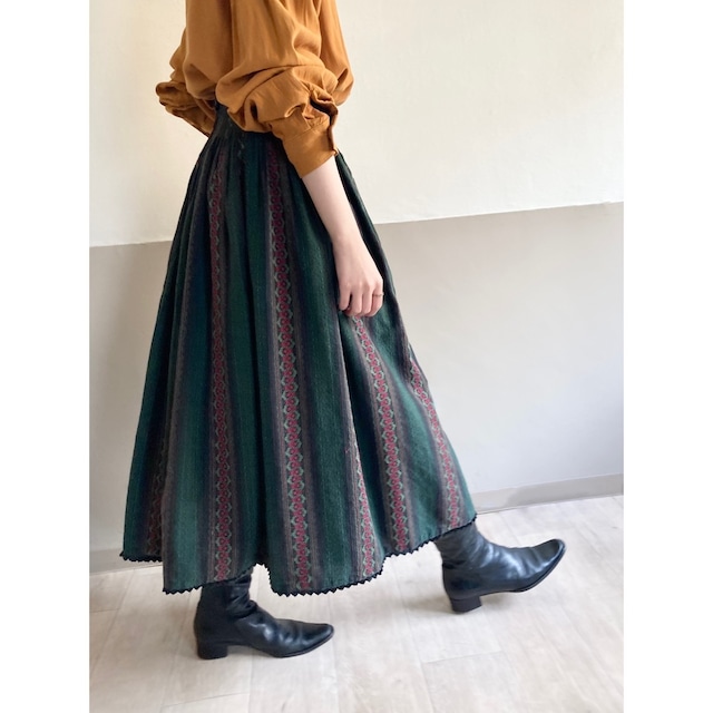 Vintage Green Gathered Waist Long Skirt