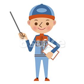 イラスト素材:指し棒を使って解説する自動車整備士(ベクター・JPG)