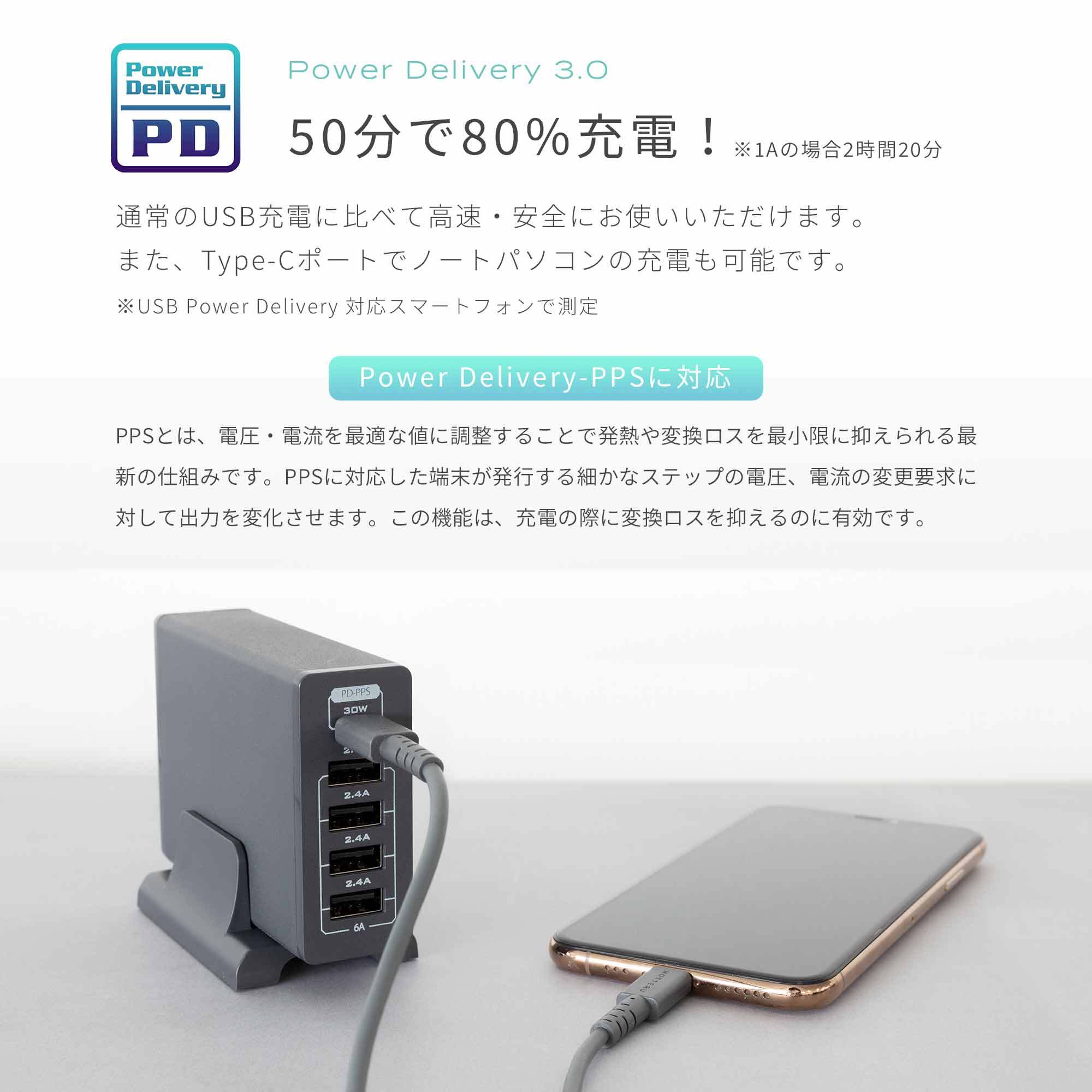 日本メーカー/マルチポート充電器】５台同時充電 Power Delivery3.0対応 (USB Type-C×1ポート、USB Type-A×4ポート)  | H.I.S. Mobile株式会社