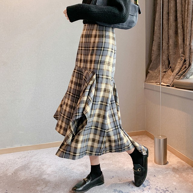 【送料無料】 スカート チェック柄 ミモレ丈 大人かわいい おしゃれ ボトムス 切り替え デザイン アシンメトリー 膝下 格子縞 イレギュラーヘム Aライン ハイウエスト レトロ フレア カジュアル デート 学生 通学 通勤 OL オフィス 10代 20代 秋 冬 トレンド かわいい 韓国 ファッション モテ コーデ db1296