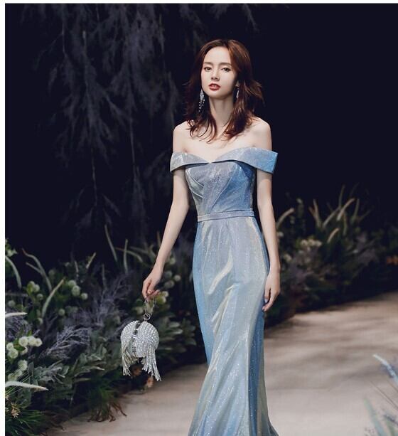 高品質！ イブニングドレス 青/ブルー マーメイドライン 絶やさ 優雅な  