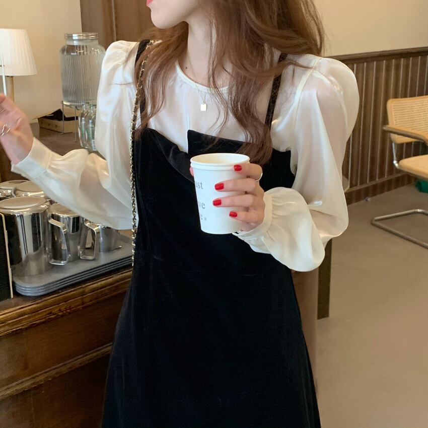 スタンダードベルベットスカート 薄手ドレス レディース ロング レトロ ステッチ ビッグFスモールZ韓国61128523392