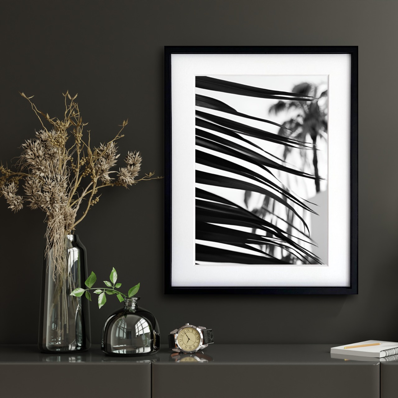 palm leaf｜モノクロで描く大人のパームツリーアートポスター｜西海岸テイストと白黒インテリアに映えるスタイリッシュな一枚A2ポスター