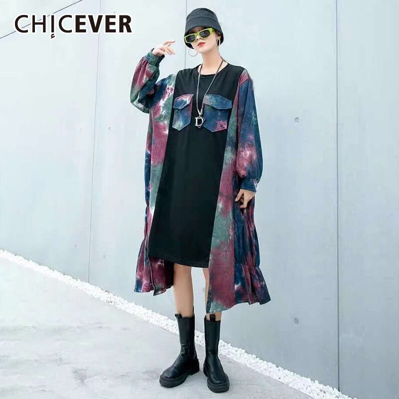 CHICEVERパッチワークヒットカラードレスレディースOネックランタン長袖アシンメトリー裾ドレス洋服2020 ロング 6base540537178771