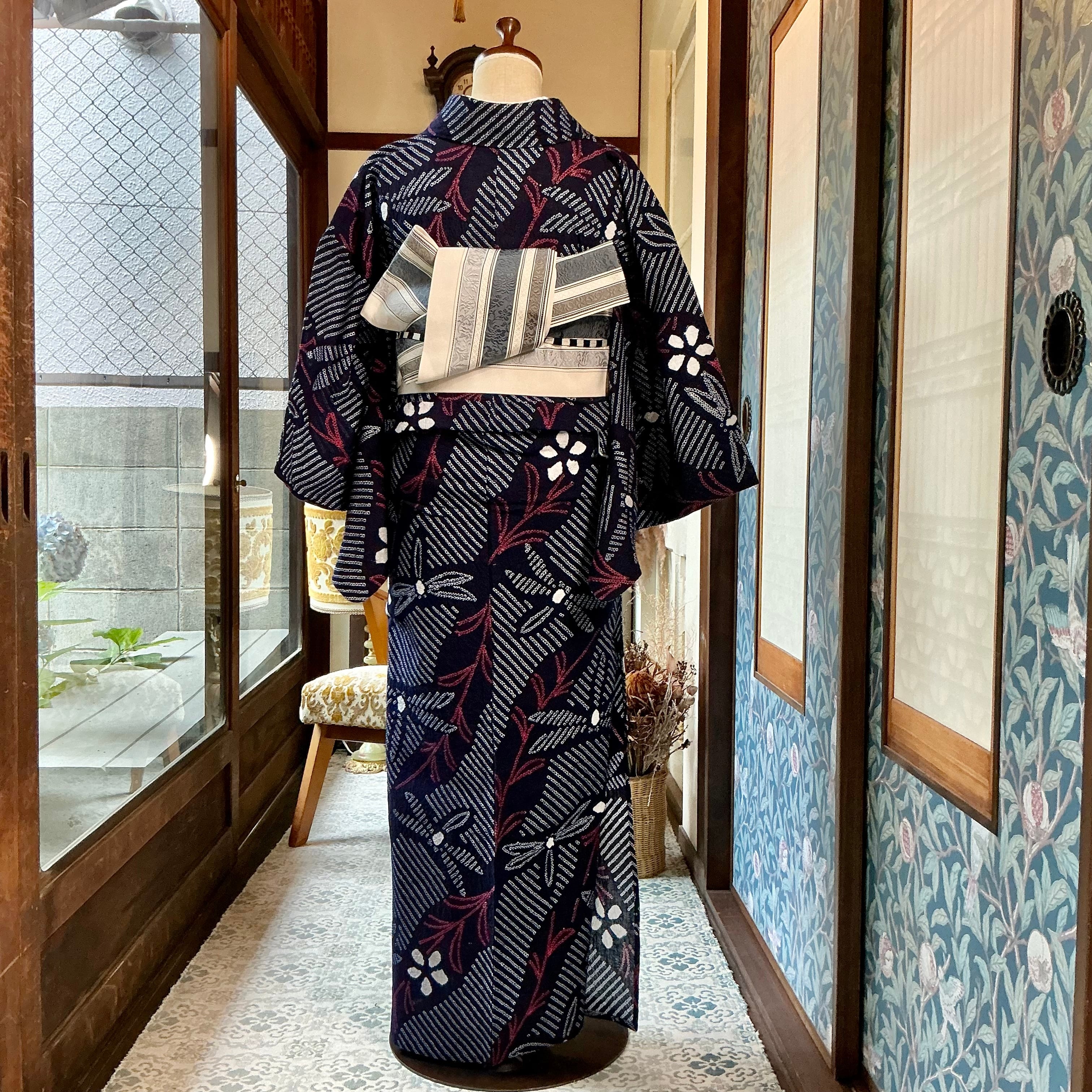 Japonisme Riverside＊とんぼ 花 藍 紺 ネイビー 大人浴衣 有松鳴海