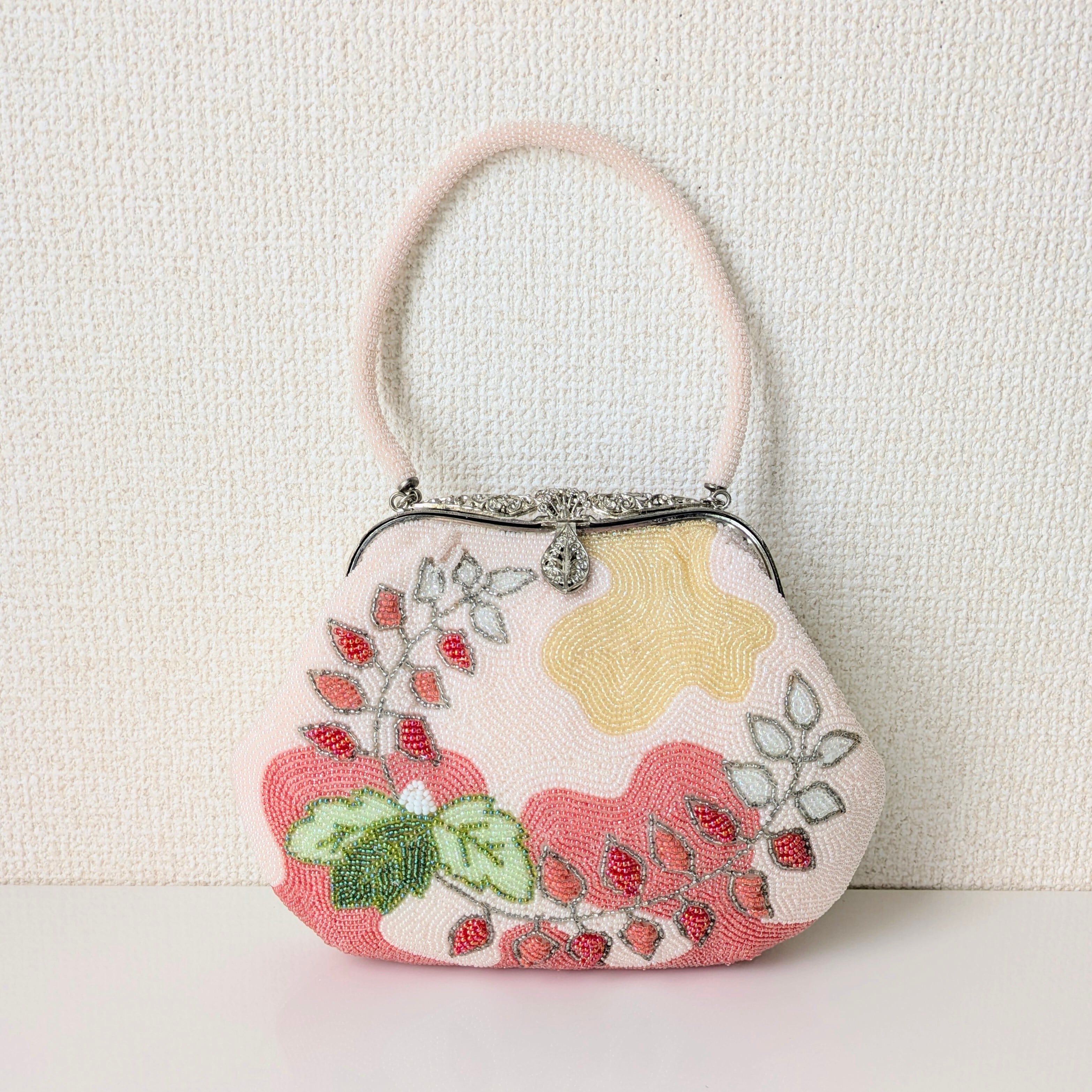 Vintage】ビーズ刺繍バッグ ピンク 藤の花模様 パーティーバッグ 昭和