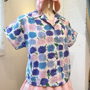50's60's blue flower blouse jacket