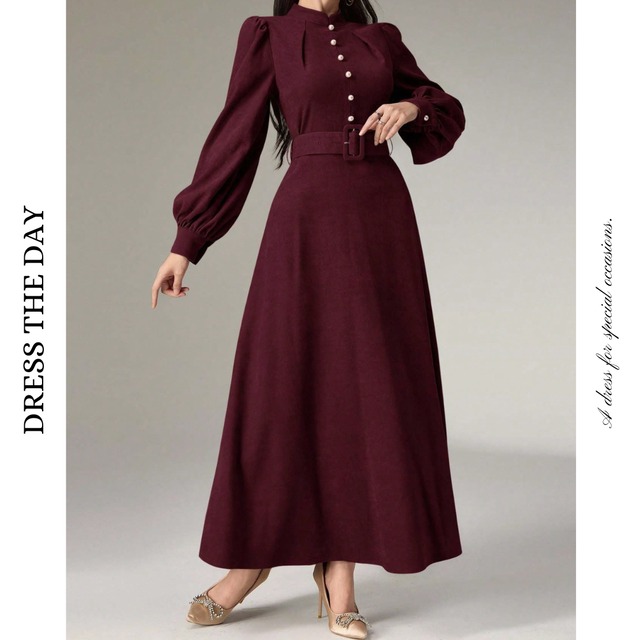 バンドカラーウエストベルトAラインワンピース W0006