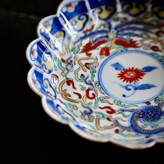 明治時代 大聖寺伊万里輪花小鉢 横幅10.3㎝ 東Y6-0119③ 50537】 大聖寺伊万里 鳳凰とお獅子もようの輪花小皿 明治(1枚