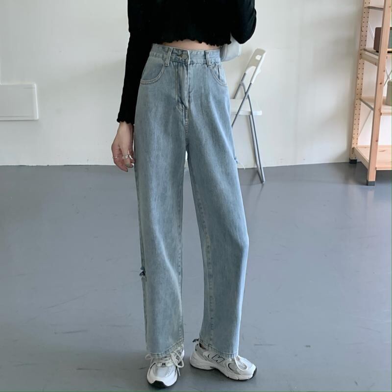 レッドハイウェストウェストジーンズ スプリングオータム薄手パンツ ルーズ 春物 秋物 萌量不足16332057277