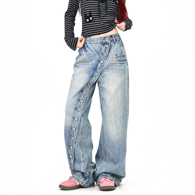 アシンメトリーボタンラインデニムパンツ 1col   R01778