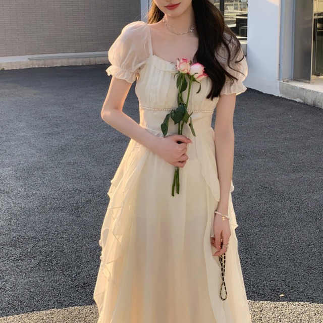 ビーズ ティアードシフォン パフスリーブ ワンピース ライトベージュ 250482