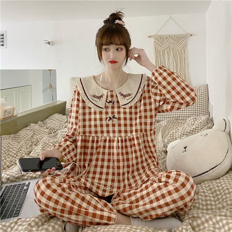 カラー格子柄レディースオータム ロング レッド コットン 刺繍 大人ガーリー スウィート キュート カジュアル 秋物 萌量不足77154299762