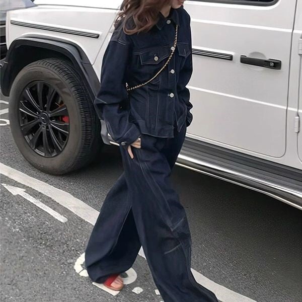 ワイドパンツ ストリート 2点セット デニムジャケット 韓国 セットアップ 2点セット デニム デニムジャケット デニムパンツ