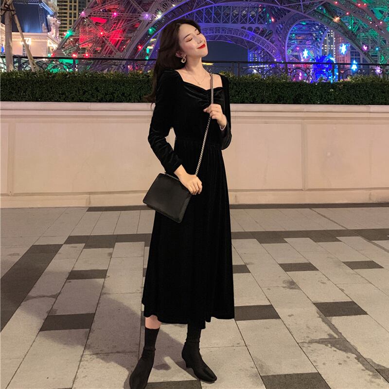 2020年春秋新作フレンチレトロ気質Vネック薄黒ドレスウエストミドル丈長袖ワンピースレディース misskkl79559293339