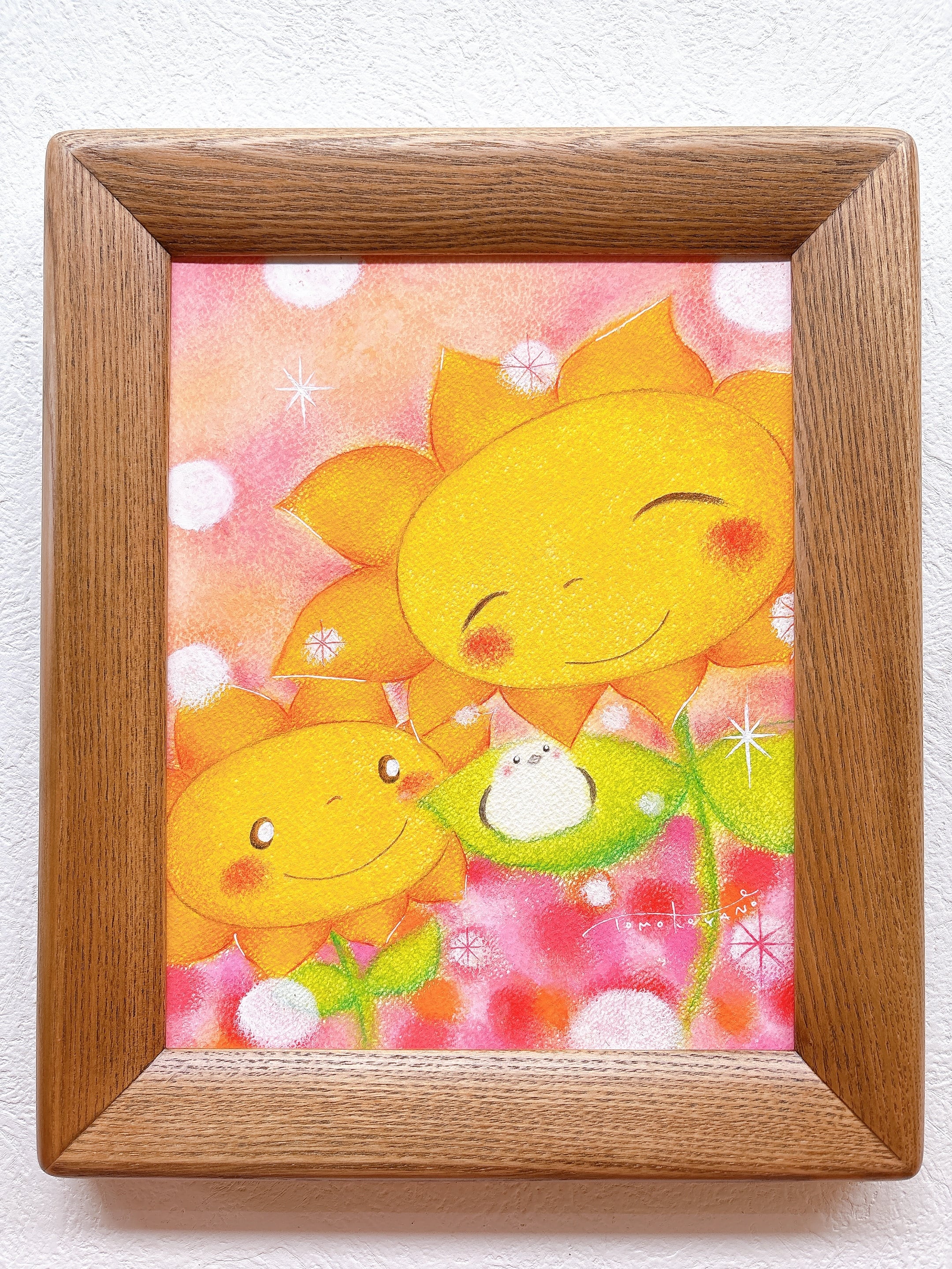 ひまわりとシマエナガ】 〜送料無料〜 原画 癒される絵 可愛い