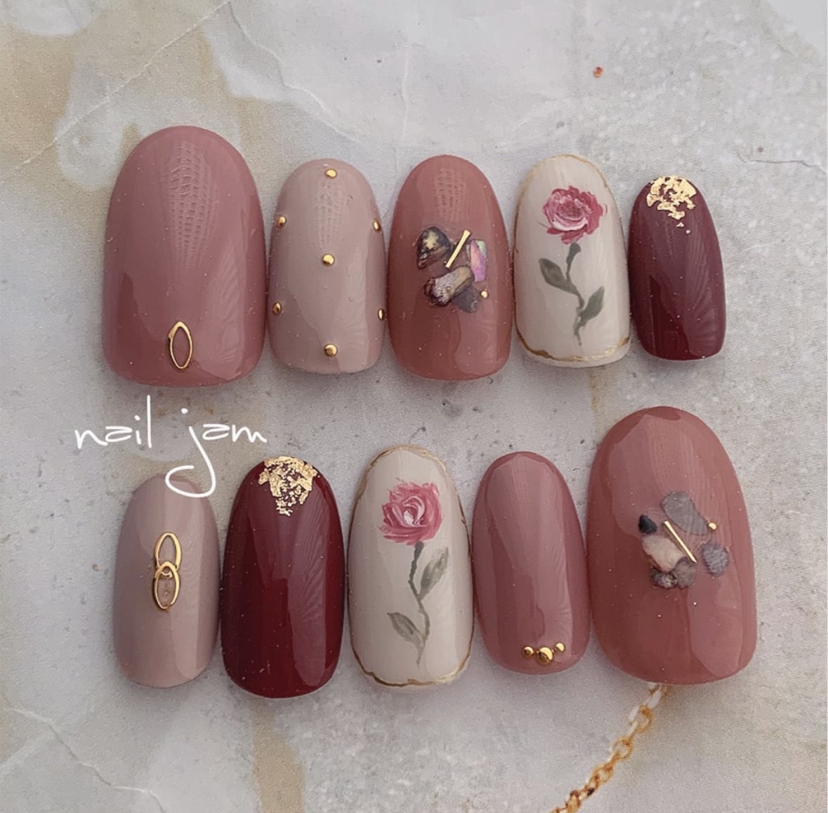 ネイルチップ 薔薇ニュアンスネイル No.22 ネイルチップ｜成人式着物にパールシルバー×ローズピンク