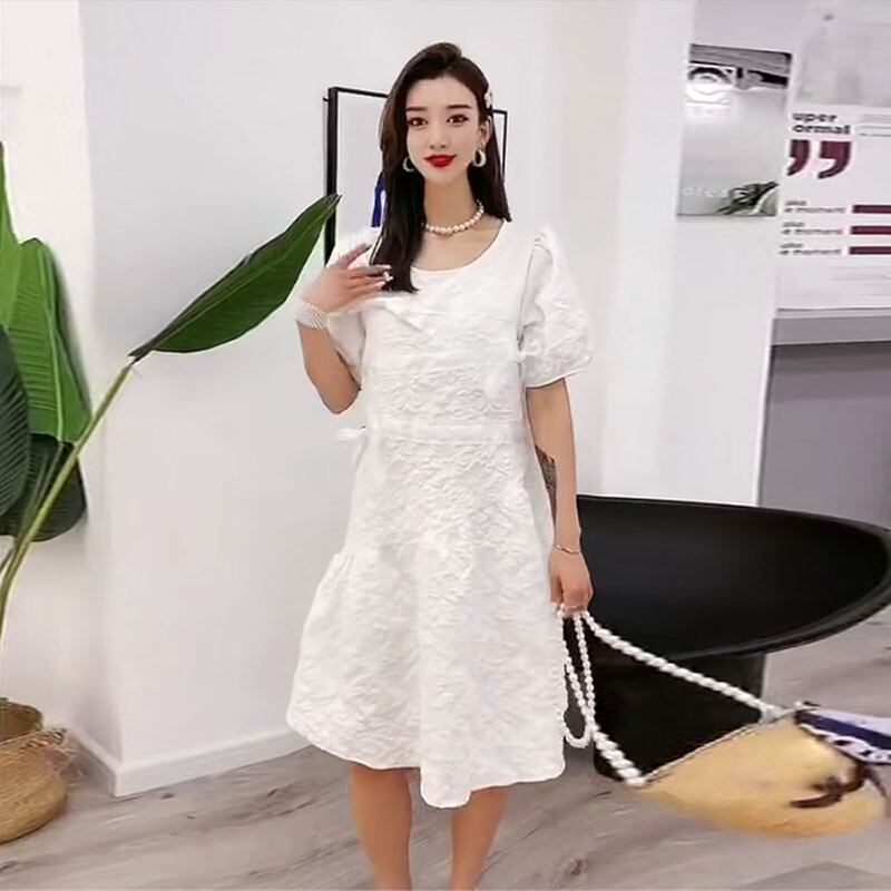 サマードレス 薄手ウェストスリーブリボン 大きめサイズ 夏物 ミックスインファッション5632620214