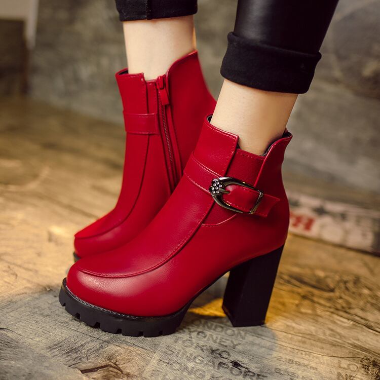 【新作】【送料無料】 2016秋と冬の新しいヨーロッパとアメリカのファッションラウンドヘッドハイヒール厚いヒールベルトバックルヌードブーツショートブーツマーティンブーツ-アリババ 靴 シューズ オータム 秋物 ウィンター 冬物 ハーネス ヨーロピアン 10b734874538154