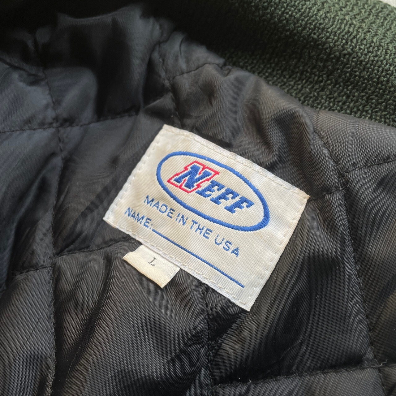 NEFF USA製 袖レザー ウールスタジャン ワッペン メンズL 古着 チーム 