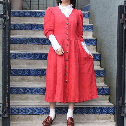 *SPECIAL ITEM* EU VINTAGE Mode aus Salzburg by h.moser WOOD BUTTON LINEN TYROLEAN ONE PIECE/ヨーロッパ古着ウッドボタンリネンチロリアンワンピース