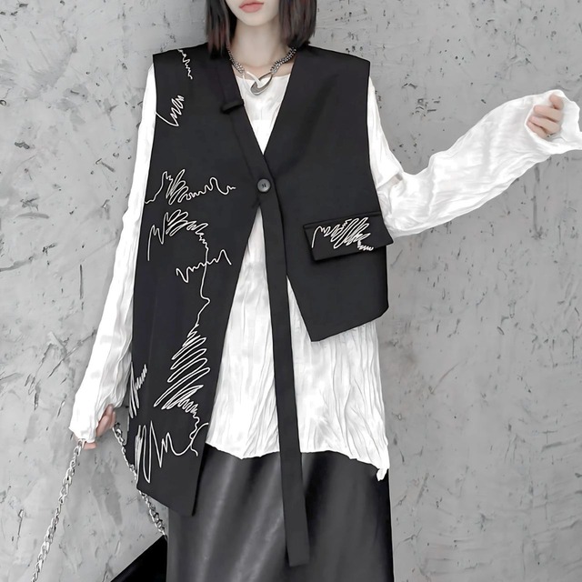 Patchwork long utility vest C1259