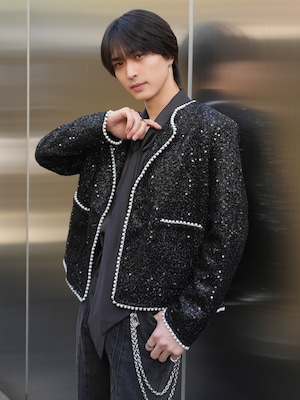 【ALUDE SELECT】pearl no collar lame tweed jacket