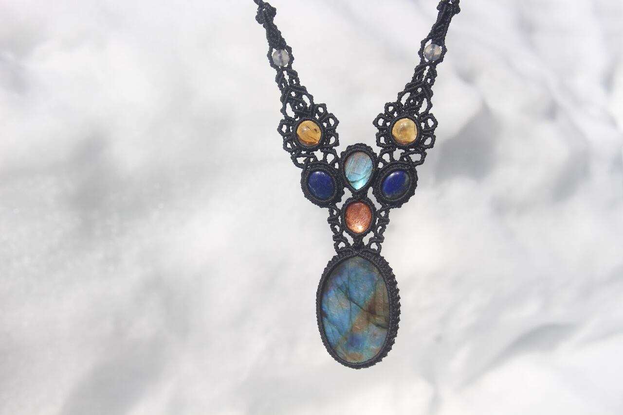 Multi color labradorite & Blue Labradorite & Sunstone & Lapis lazuli & Citrin micro macrame necklace