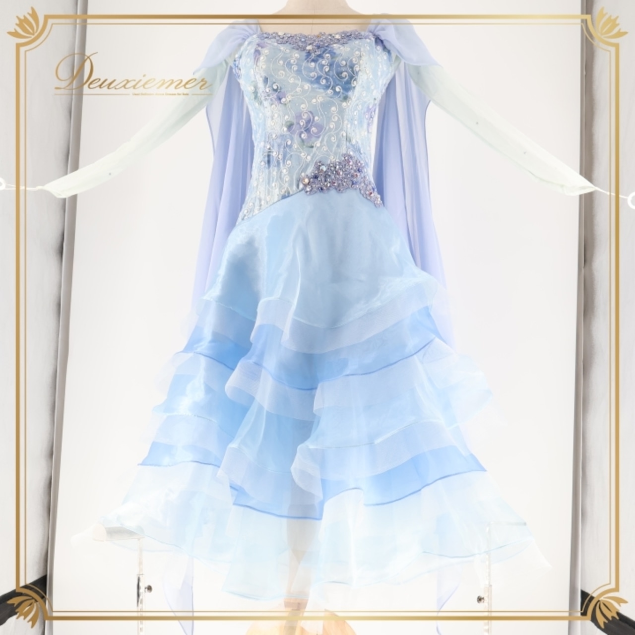 社交ダンス 衣装 スタンダードドレス ワンピース ドレス ブルー系 Leirina レイリーナ 水色 レース フロート デモ 競技 パーティ 発表会 ダンス 水色系 エレガント ドレスアップ ステージ衣装 ダンスパフォーマンス 競技用 衣装 フリル おしゃれ